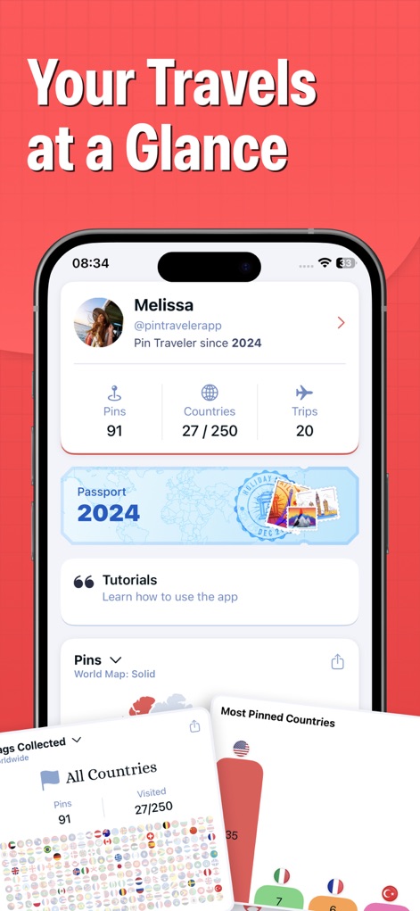 Pin Traveler: Track Travel Map - Explore the app's detailed travel summary, displaying key metrics like 'Pins', 'Countries', and 'Trips', complemented by a dynamic 'Passport 2024' visual and a grid of 'Flags Collected'.