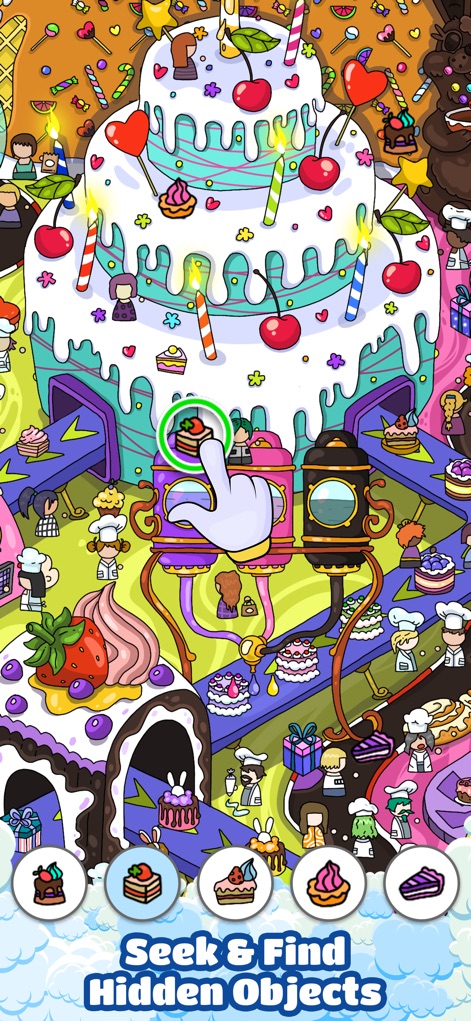Scavenger Hunt－Hidden objects! - Users can explore richly detailed environments, including a whimsical sweet factory map filled with candies and a clear interactive hand cursor guiding object selection.