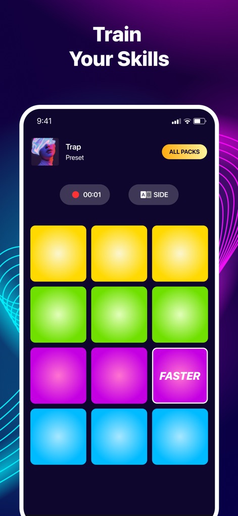 Music Pads: Beat Maker Machine - Perfectionnez votre jeu avec les pads dynamiques colorés et le bouton 'FASTER', tandis que l'option 'ALL PACKS' permet d'explorer de nouveaux sons pour vos entraînements.