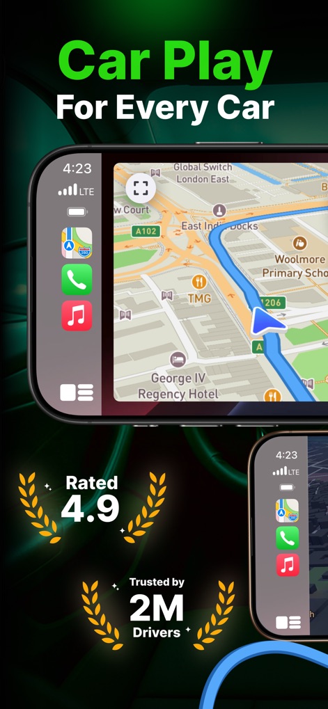 Car Play Connect: Sync My Auto - Users can explore the app's clean navigation interface featuring quick-access icons for calls and music, alongside visual proof of its 4.9 rating and trust from 2 million drivers.