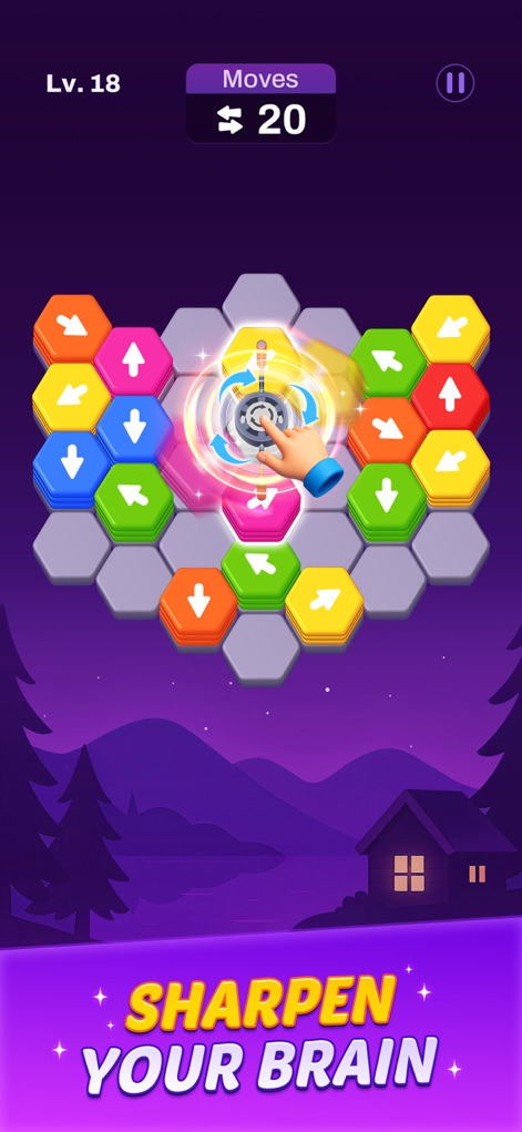 Hexout - Color Hexa Puzzle - The app demonstrates advanced gameplay with a central rotating mechanism and the "Sharpen Your Brain" message, indicating deeper strategic challenges for players.