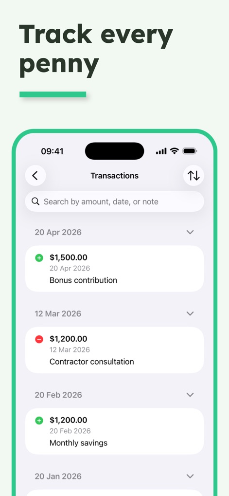 Savings Goal - Esta sección presenta un registro cronológico exhaustivo de todas las transacciones, donde los usuarios pueden visualizar depósitos y retiros y utilizar la barra de búsqueda para filtrar movimientos específicos.