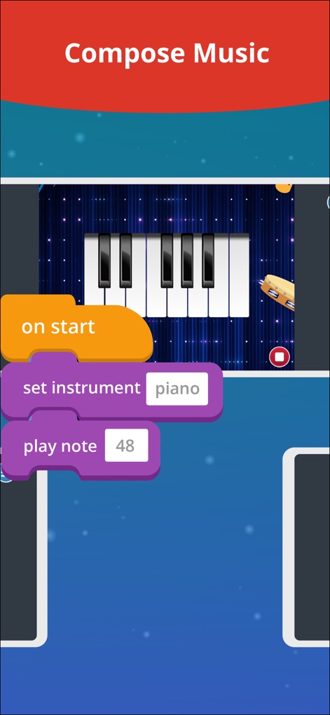 Tynker: Coding for Kids - Les enfants peuvent composer des mélodies en utilisant des blocs de code spécifiques comme "set instrument piano" et "play note", visualisant immédiatement le résultat sur un clavier de piano numérique.