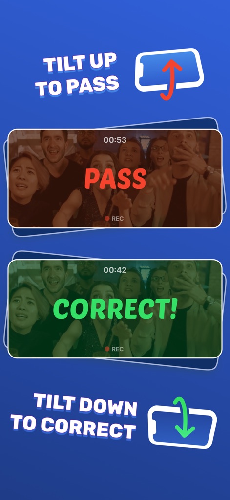 Headbands: Charades for Adults - Discover the app's simple gesture controls, demonstrating how users tilt up to pass a word and tilt down to confirm a correct guess for seamless gameplay.