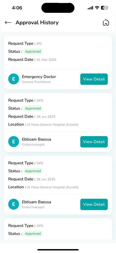 Almana | المانع - Die Ansicht des Genehmigungsverlaufs präsentiert klar den 'Status: Approved' für medizinische Anfragen und bietet mit dem 'View Detail'-Button Zugriff auf weitere Informationen.