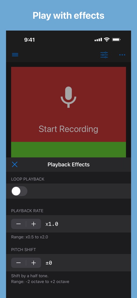 Reverse Audio - Explore creative possibilities with the comprehensive 'Playback Effects' panel, featuring precise 'PLAYBACK RATE' and 'PITCH SHIFT' adjustments for custom sound design.