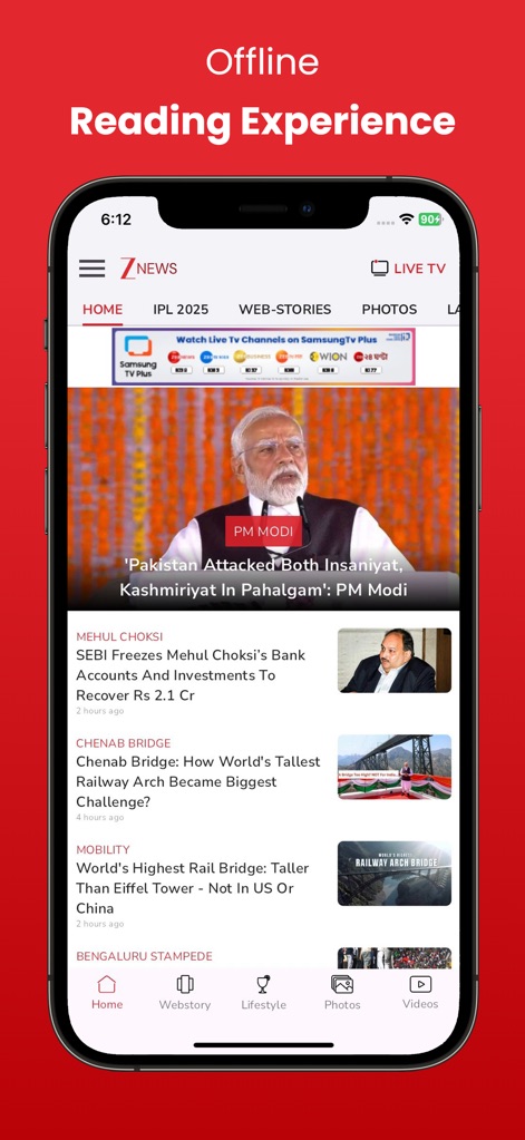 Zee News Live - Dieser Screenshot zeigt die dynamische Startseite der App mit Schlagzeilen zu wichtigen Ereignissen wie dem über „PM Modi“ und einer benutzerfreundlichen Navigationsleiste am unteren Bildschirmrand.
