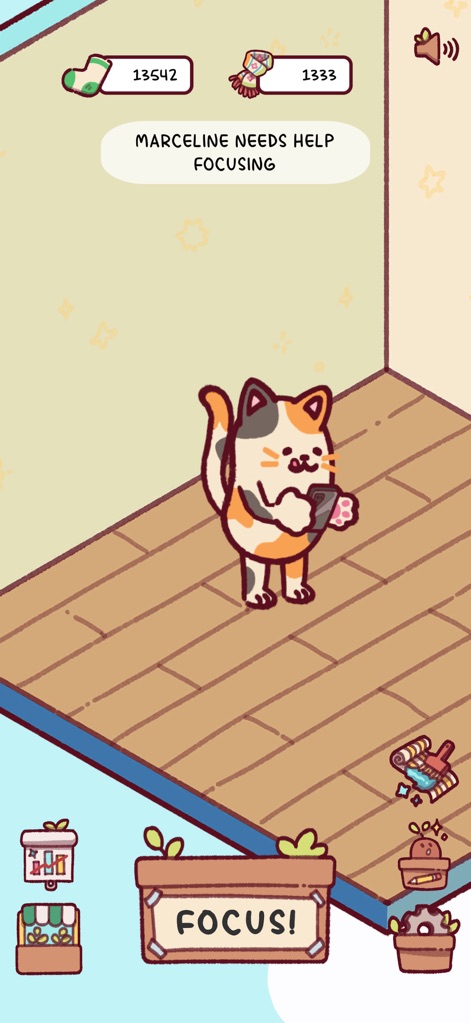 Focus Friend, by Hank Green - 스마트폰을 보는 마르셀린 고양이의 모습과 함께 상단에 위치한 '양말'과 '연' 보상 아이콘은 지속적인 집중을 위한 동기를 부여합니다.