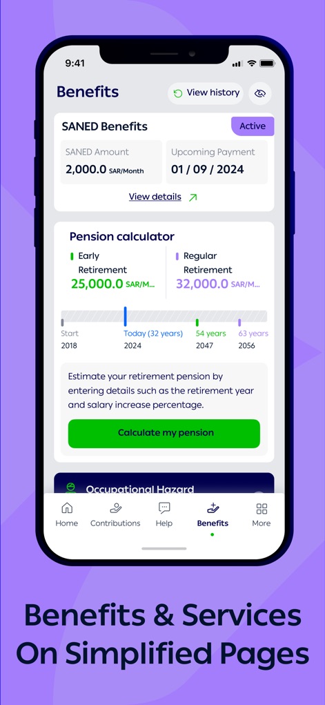 GOSI - Users can efficiently navigate their benefits through the "Benefits" section, utilizing the interactive "Pension calculator" and reviewing details for "SANED Benefits" and "Occupational Hazard".