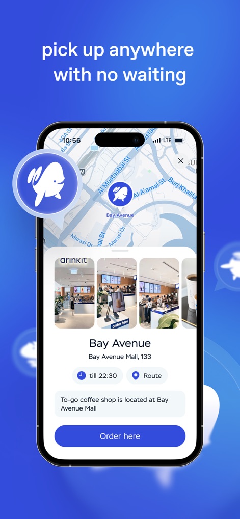 Drinkit — order your coffee - The app showcases an integrated map display for easy navigation and provides comprehensive store details, including location photos and operating hours.