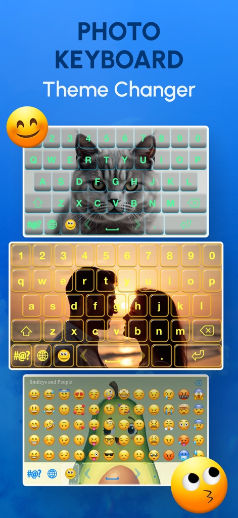Photo Keyboard Theme Changer - See how the app showcases custom photo backgrounds and a vibrant collection of emojis, transforming the typing experience.