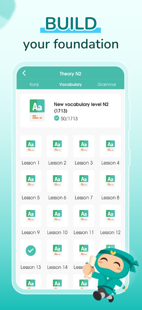 Migii JLPT: JLPT test N5-N1 - The app offers comprehensive theory sections covering Kanji, Vocabulary, and Grammar, presented through structured daily lessons to build a strong language foundation.