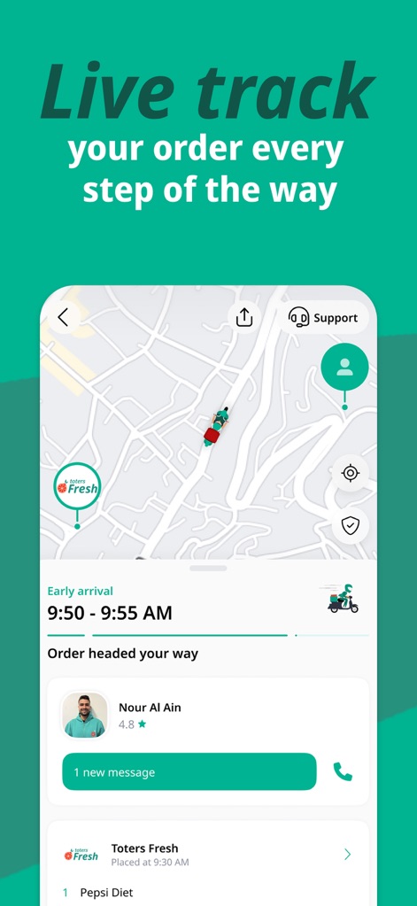 Toters توترز - Gli utenti beneficiano del tracciamento in tempo reale, con una mappa che mostra la posizione del corriere e un ETA di "9:50 - 9:55 AM", fornendo trasparenza sullo stato della consegna.