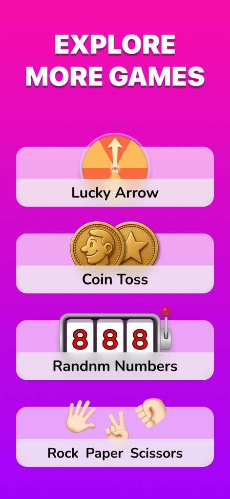 Finger Chooser: Party Picker - ユーザーは、「Lucky Arrow」や「Coin Toss」など、多様なミニゲームや決定ツールを楽しむことができます。各ゲームを象徴するカラフルなアイコンと、明確なタイトル表示により、直感的に選択可能です。