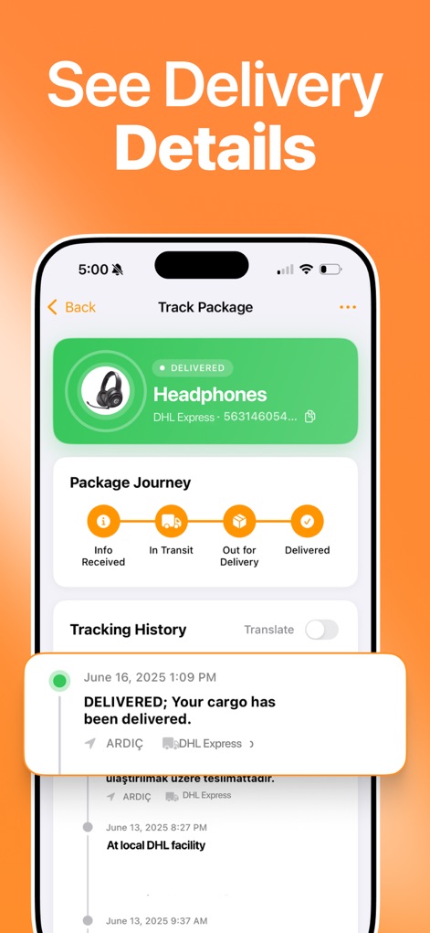 Package Tracker & Track Parcel - Los usuarios acceden a un historial completo del envío, visualizando la línea de tiempo del 'Package Journey' con sus etapas y un detallado historial de seguimiento con fechas y actualizaciones.