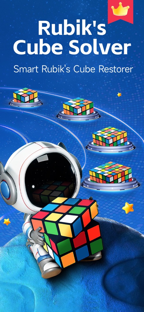 RGB Cube Solver &Timer - Explore the app's diverse range of supported cube sizes and the charming astronaut guide symbolizing your cubing journey.