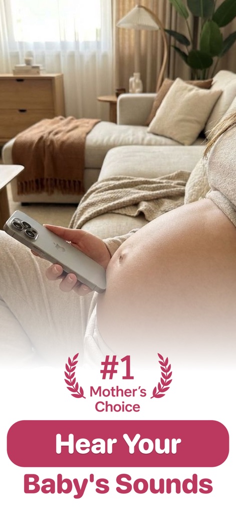 Pulsey: Hear My Baby Heartbeat - Esta imagem ilustra uma gestante em um momento de relaxamento, usando o iPhone na barriga para se conectar, e destaca visualmente o selo de aprovação "#1 Mother's Choice".