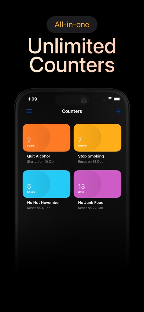 Days Since: Quit Habit Tracker - This tool allows users to track multiple habits with clear, distinct counter cards and easily add new goals via the intuitive '+' icon.