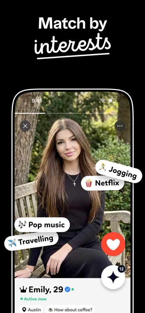 Kismia - Dating App & Chat - Users can quickly assess compatibility with visual interest tags like 'Jogging' and 'Netflix', while also receiving conversation prompts such as 'How about coffee?' directly on profiles.