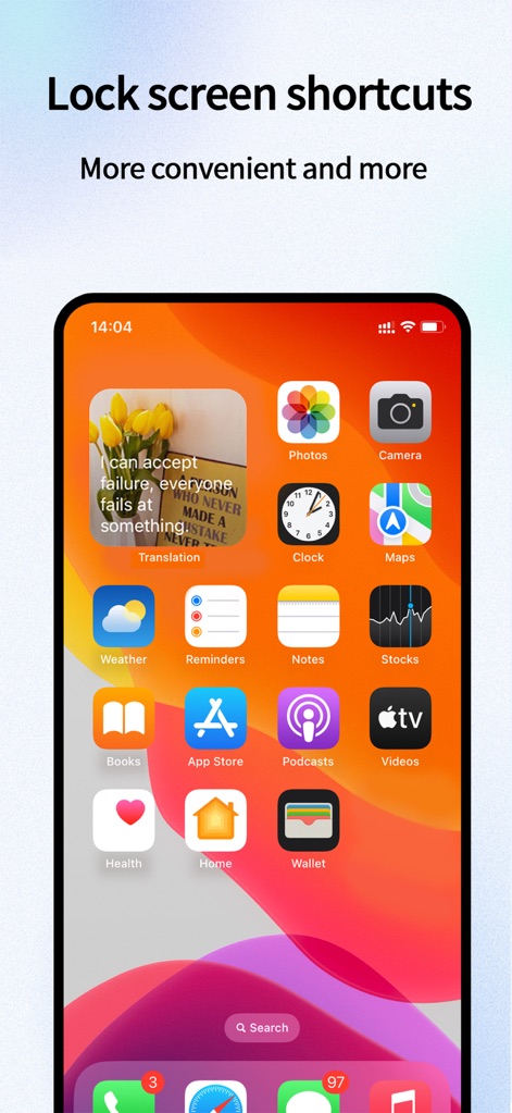 Translate - Text Speak & Photo - A imagem exibe a integração do aplicativo com o sistema operacional, permitindo acesso rápido a funcionalidades através de um widget de "Translation" na tela inicial, juntamente com outros ícones de aplicativos do sistema.