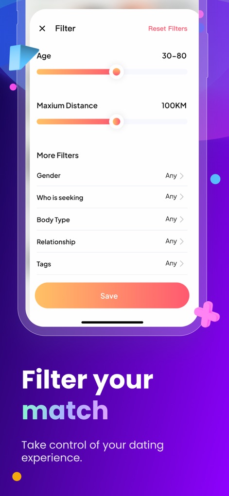 Cougar Dating: Age Gap Love - ユーザーは、「Age」と「Maximum Distance」のスライダーで基本的な検索条件を設定し、「Gender」や「Relationship」などの詳細なフィルターオプションで理想の相手を特定できます。