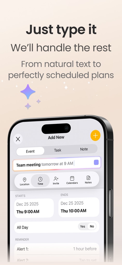 24me: Calendar・Planner & To Do - 自然言語入力フィールドに「Team meeting tomorrow at 9 AM」と入力するだけでイベントが作成され、場所や時刻、リマインダー設定などの詳細オプションも直感的に設定できます。