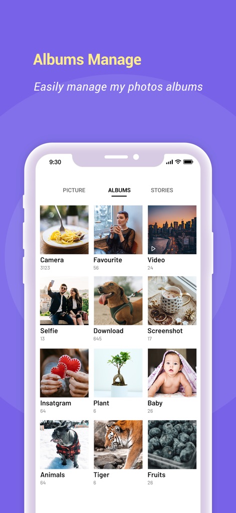 Photo Gallery album - The app offers intelligent categorization for digital memories, allowing users to effortlessly manage photo and video collections through dedicated albums like 'Selfie' and 'Video'.