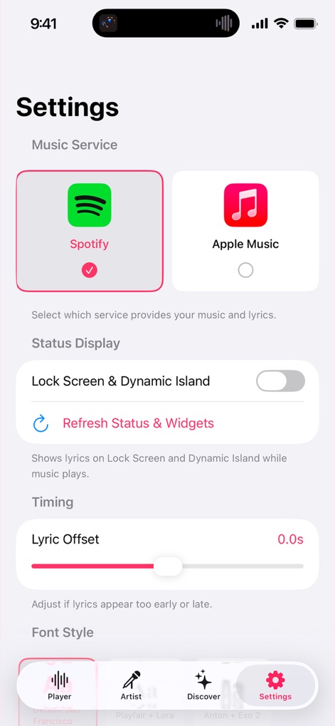Lyrix: Dynamic Lyricsㅤ - The comprehensive settings allow users to personalize their app, offering choices for preferred music services and a precise lyric offset slider for perfect synchronization.