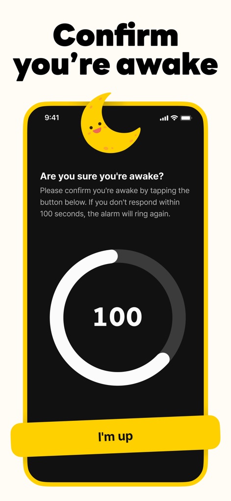 SuperAlarm - Loud Alarm Clock - See how SuperAlarm prevents users from falling back asleep with its "Wake up check" feature, requiring an "I'm up" confirmation within a visible countdown timer.