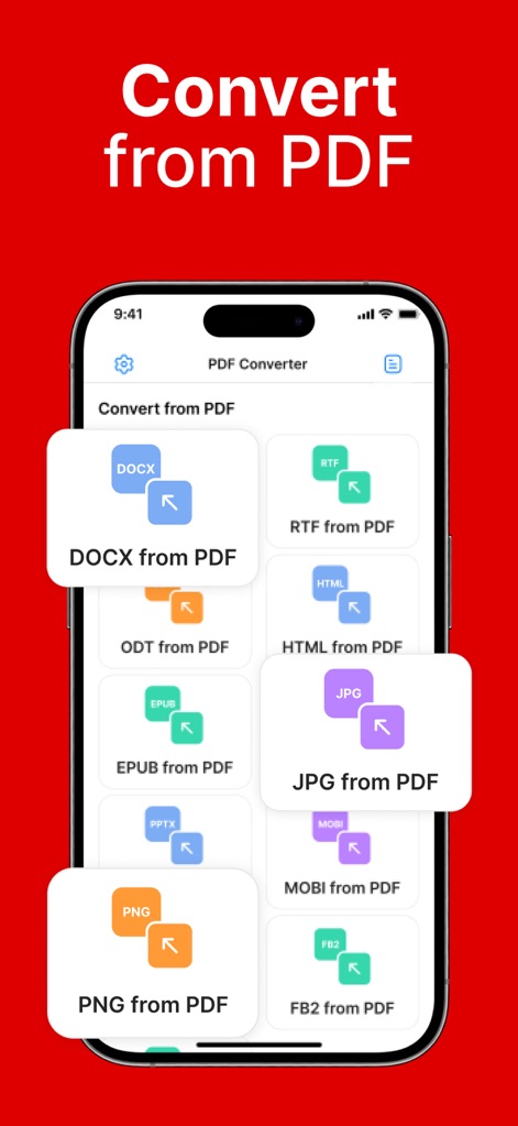 Converter & Editor: PDF Expert - ユーザーは、PDFをDOCX、RTF、HTMLといった編集可能な文書形式に変換できるほか、JPG、PNGなどの画像形式にもスムーズに変換でき、幅広い用途での活用が可能です。
