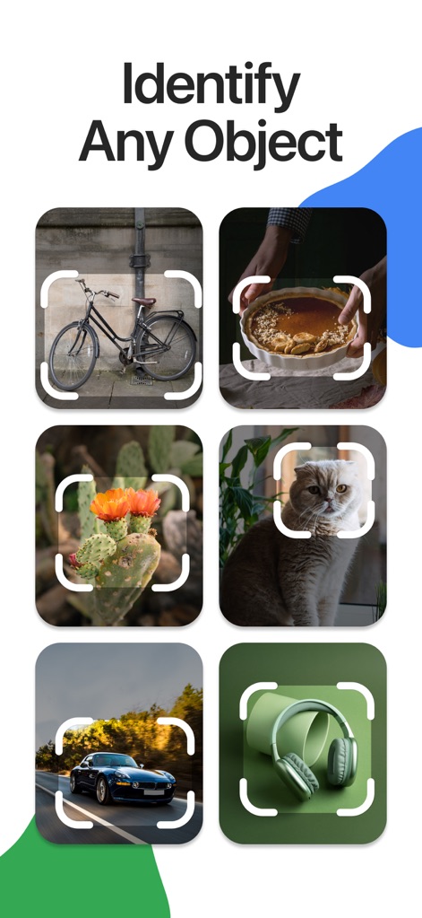 Lens Scan: Identify Anything - See how the app presents a diverse range of items from a bicycle to headphones, all ready for instant identification.