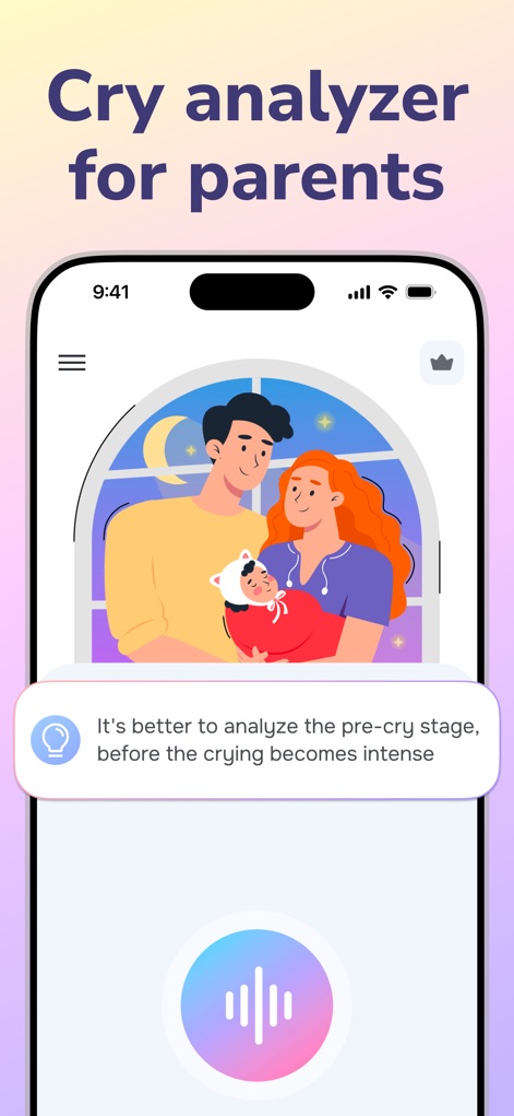 Cry Analyzer · Baby Translator - L'app propone un consiglio proattivo per "analyze the pre-cry stage", illustrato da genitori che accudiscono un neonato, per intervenire prima che il pianto diventi intenso.
