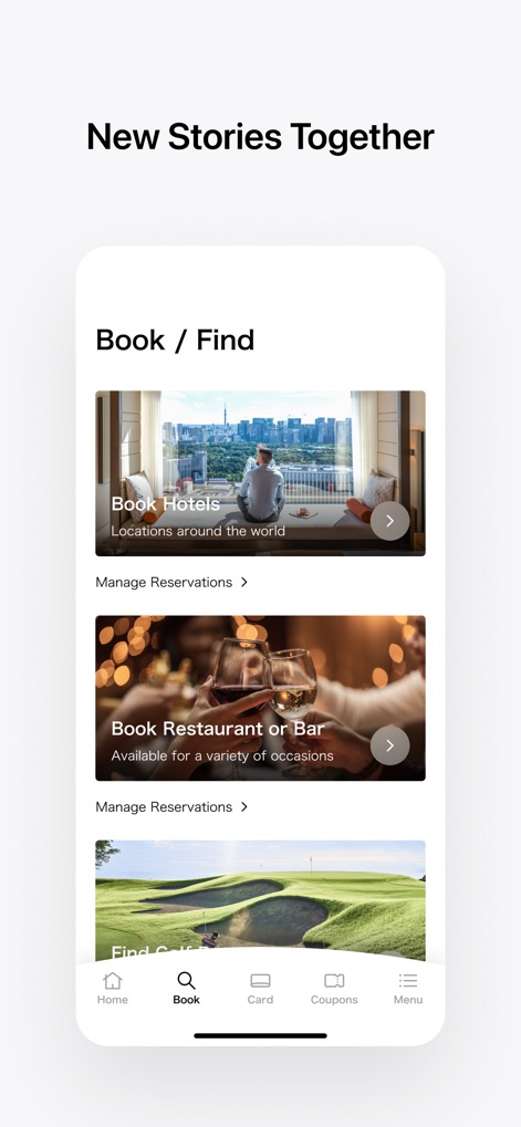 Seibu Prince Global Rewards - Gli utenti possono esplorare rapidamente opzioni come "Book Hotels" e "Book Restaurant or Bar" attraverso schede dedicate, accompagnate da immagini illustrative che anticipano l'esperienza offerta da ciascuna categoria di prenotazione.