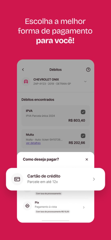 Zapay IPVA 2026, licenciamento - Users can conveniently review their vehicle debts, including IPVA and fines, and select from diverse payment methods like credit card installments or instant PIX.