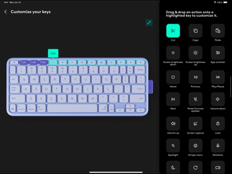 Logi Options+ Mobile - Cet outil permet une personnalisation avancée, où les utilisateurs peuvent glisser-déposer des actions comme "Couper" ou "Coller" sur les touches de fonction du clavier Flip Folio pour optimiser leur flux de travail.