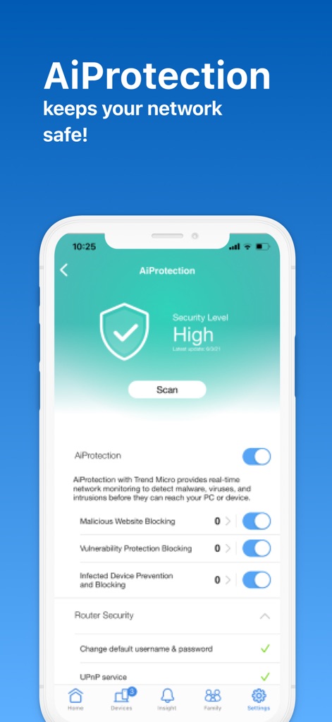 ASUS Router - L'application affiche le niveau de sécurité actuel du réseau et offre des options de blocage des sites malveillants et de protection contre les vulnérabilités.