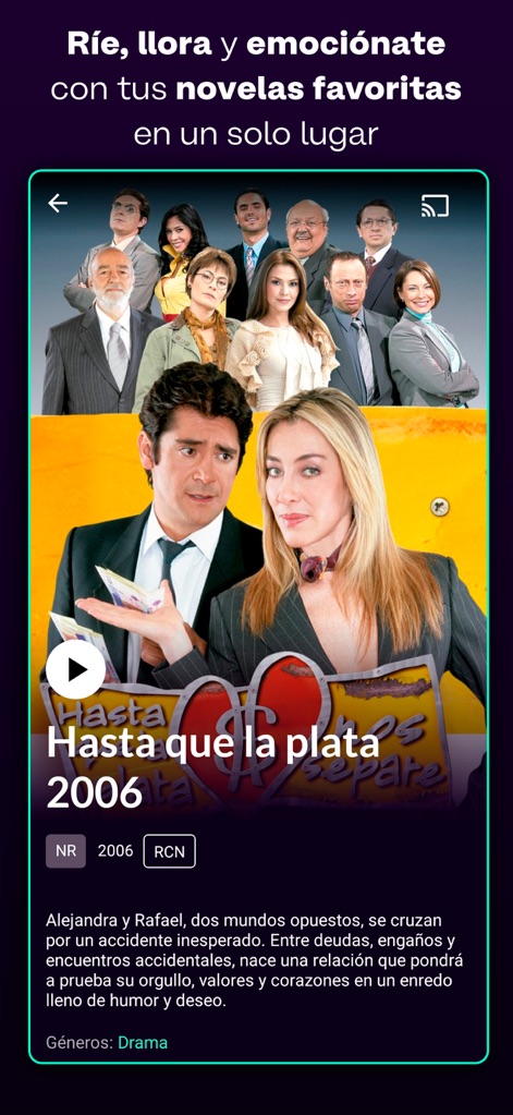 Canal RCN - The app features beloved novelas, presenting a detailed overview of "Hasta que la plata nos separe" and its distinct "Drama" genre categorization.
