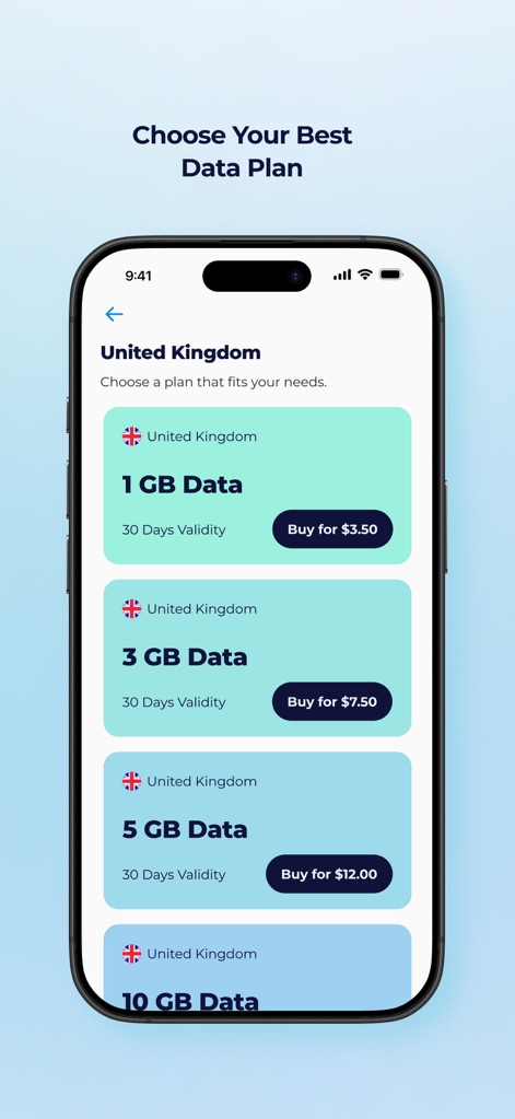 Orbit Mobile: Travel eSIM - The app allows users to easily choose from various data plan options, clearly displaying data allowances and their respective prices and validity periods.