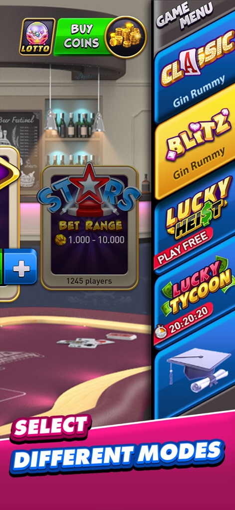 Gin Rummy Plus - Fun Card Game - Users can explore diverse game modes such as 'Classic Gin Rummy' and 'Blitz Gin Rummy', accessible through a streamlined 'Game Menu'.