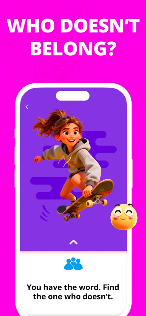 Imposter Game: Spark PartyPass - See the clear objective presented by "WHO DOESN'T BELONG?" and the task for players to "Find the one who doesn't" have the secret word.