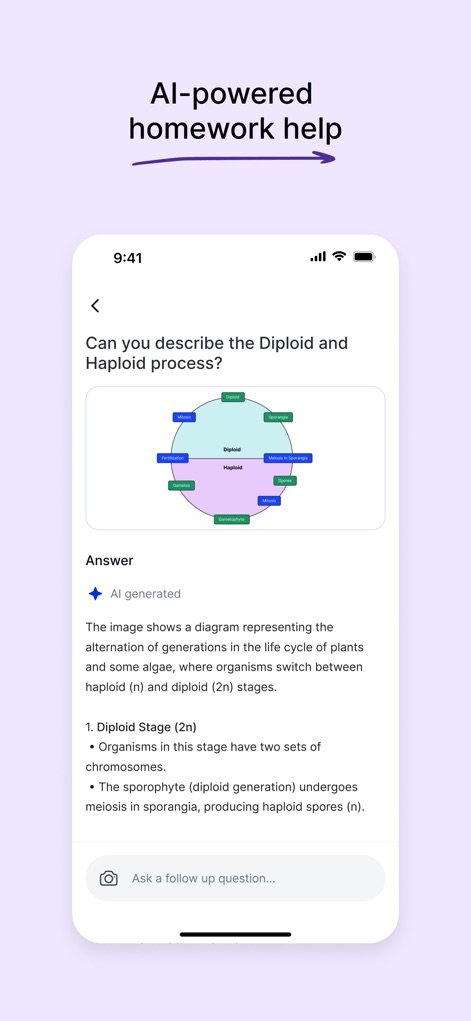 Course Hero: AI Homework Help - Explore the app's powerful AI homework assistance, presenting a detailed 'AI generated' answer and a clear diagram explaining complex biological processes.