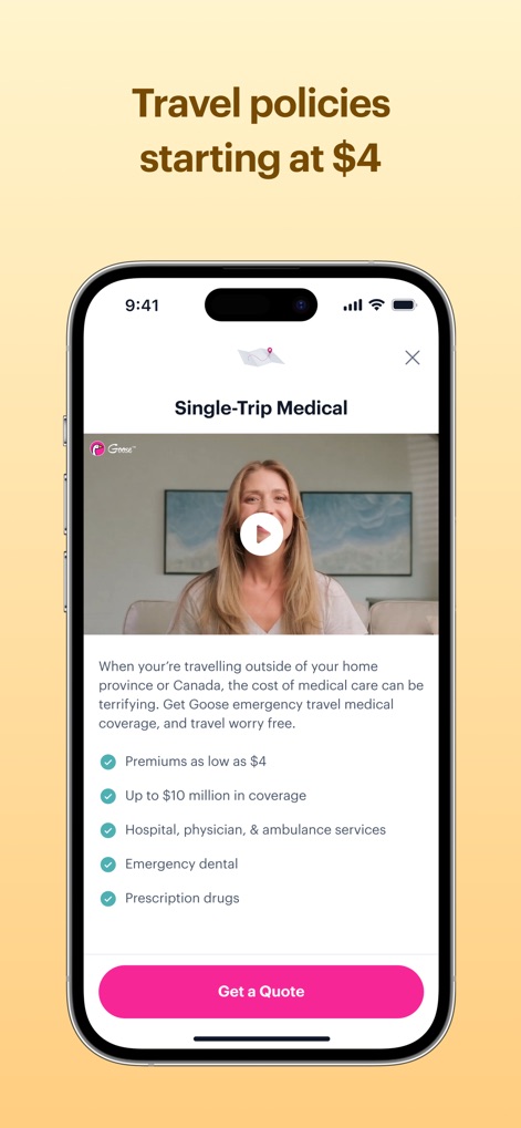 Goose Insurance - Esta tela apresenta um vídeo instrutivo sobre seguro médico de viagem único e detalha os custos acessíveis, como "Premiums as low as $4", e a ampla cobertura de até "Up to $10 million in coverage".