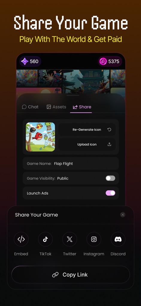Plutus: Create, Play, Win - Os usuários podem facilmente compartilhar suas criações, definindo a "Game Visibility" e optando por "Launch Ads", além de usar plataformas como "TikTok" e "Twitter" para divulgação.