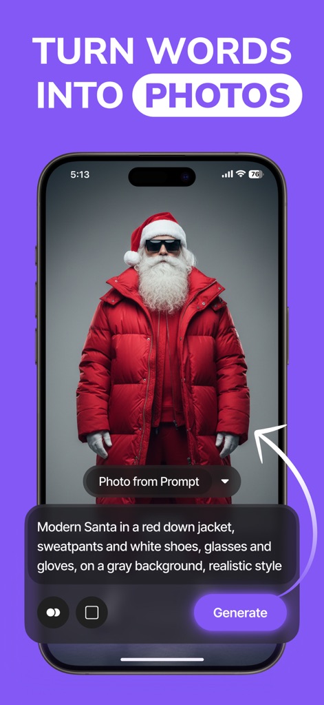 Pictory - AI Video Generator - La piattaforma consente di convertire prompt testuali, ad esempio "Modern Santa in a red down jacket...", in fotografie sorprendenti e realistiche, come la rappresentazione di Babbo Natale in chiave moderna.