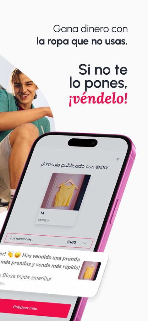 GoTrendier Compra y vende moda - ユーザーが商品を簡単に出品し、売却が成功したことを示す通知が表示されています。具体的には、「Tus ganancias $163」という利益表示と、掲載された「マンゴーの黄色いニット」が確認できます。