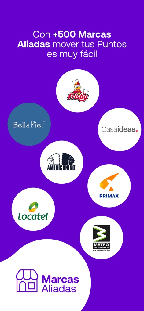 Puntos Colombia - A tela ilustra a vasta rede de parceiros do programa, exibindo logotipos de marcas reconhecidas em um layout circular e apresentando uma seção explícita para 'Marcas Aliadas'.