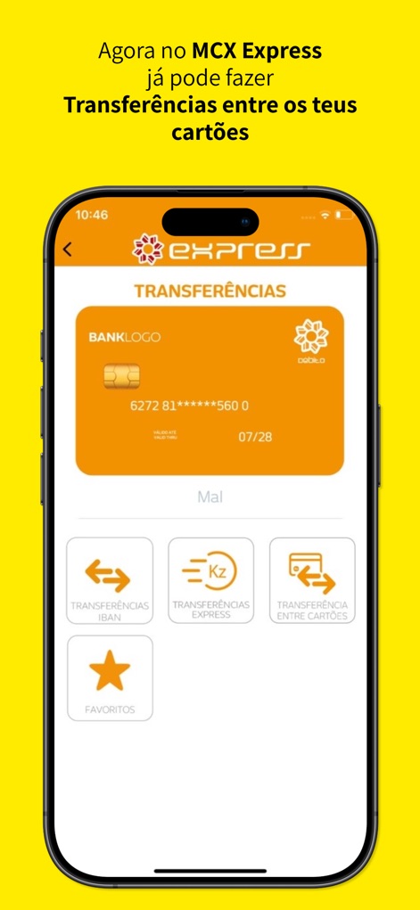 MULTICAIXA Express - Esta tela detalha as modalidades de transferência disponíveis, permitindo aos utilizadores escolher entre 'Transferências IBAN' e a conveniente 'Transferência Entre Cartões'.
