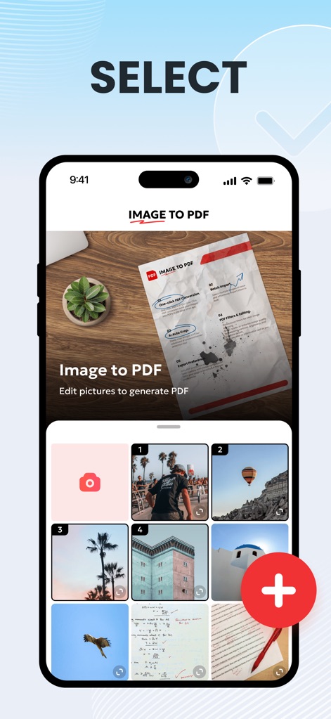 Image to PDF Converter & Edit - This tool offers intuitive image selection from your gallery and a prominent '+' button for quick additions.