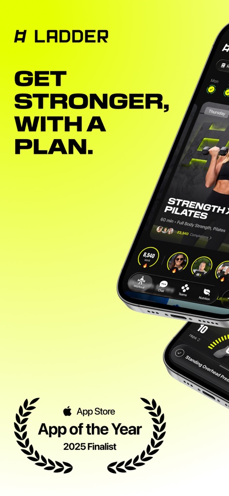 LADDER Strength Training Plans - The app offers clear daily workout plans, such as 'Strength x Pilates', integrated seamlessly with a dashboard displaying user progress and engagement metrics.