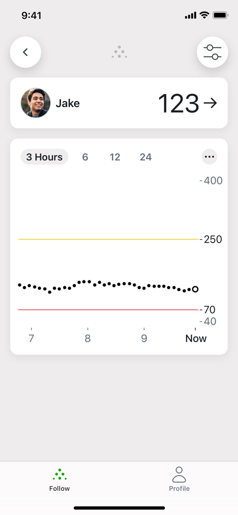 Dexcom Follow - The app displays detailed glucose trends on a clear graph with configurable timeframes, allowing users to analyze specific time markers and historical data for a deeper understanding.